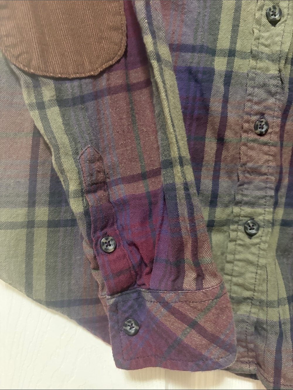 Kavu Olive and Burgundy Plaid Button-Down Shirt with Brown Elbow Patches - Picture 5 of 11
